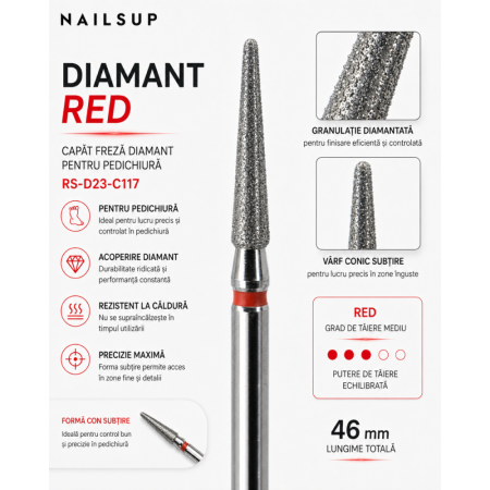 Capăt Freză NAILSUP Diamant Con Subțire Red RS-D23-C117 pentru Pedichiură [1]