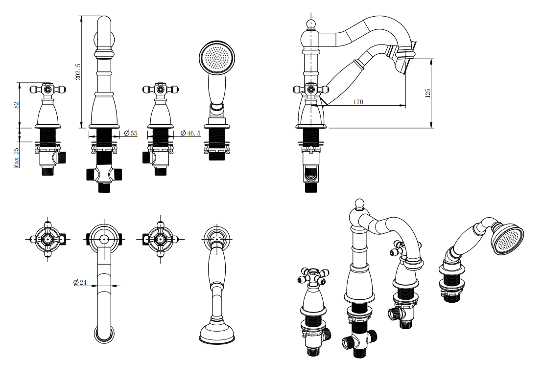 Baterie stativa incastrata cada/dus, LACRIMA, FD1-LRA-11A-66, auriu periat [3]