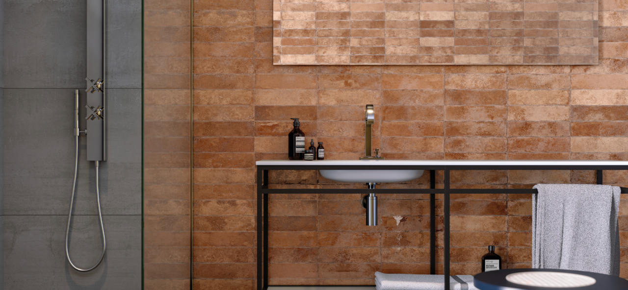 Faianta portelanata tip beton, Oken Ochre 7.5x30, caramiziu, finisaj lucios [2]