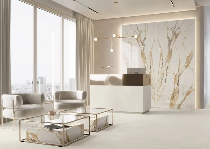 Gresie rectificata tip marmura Warm Wind Gold 59.8 x 119.8, alb, finisaj mat [5]