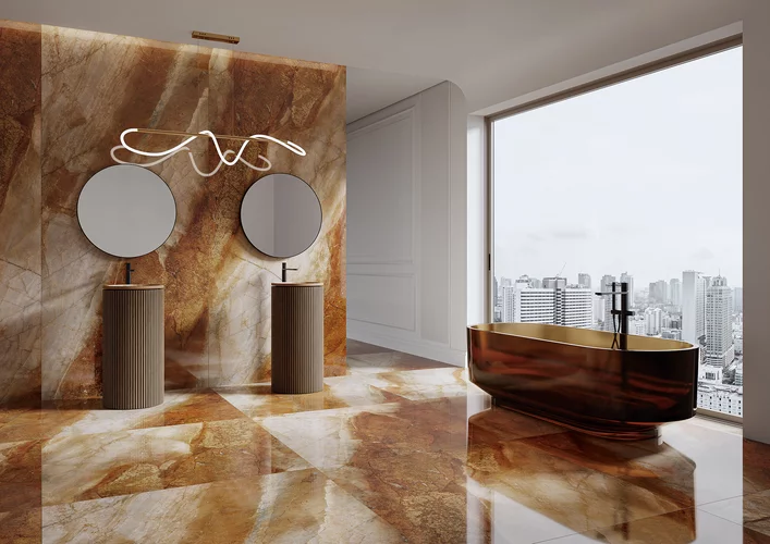 Gresie rectificata tip marmura Abstract Rust 59.8x119.8, caramiziu, finisaj lucios [5]