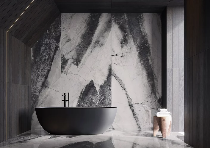 Gresie rectificata tip marmura Deus Symphony Black 119.8x119.8, negru, finisaj mat [5]