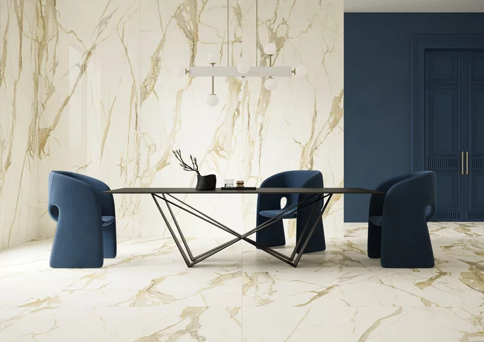 Gresie rectificata tip marmura Warm Wind Gold 59.8 x 119.8, alb, finisaj lucios [4]