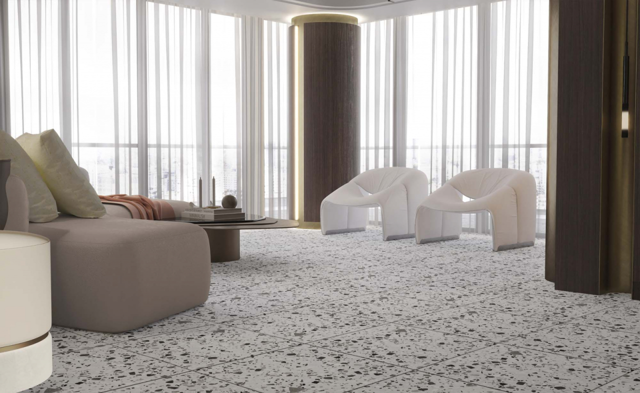 Gresie tip ciment, Terrazzo Veneto White 6539, 60x60 cm, rectificata, alb, mix, finisaj mat [5]