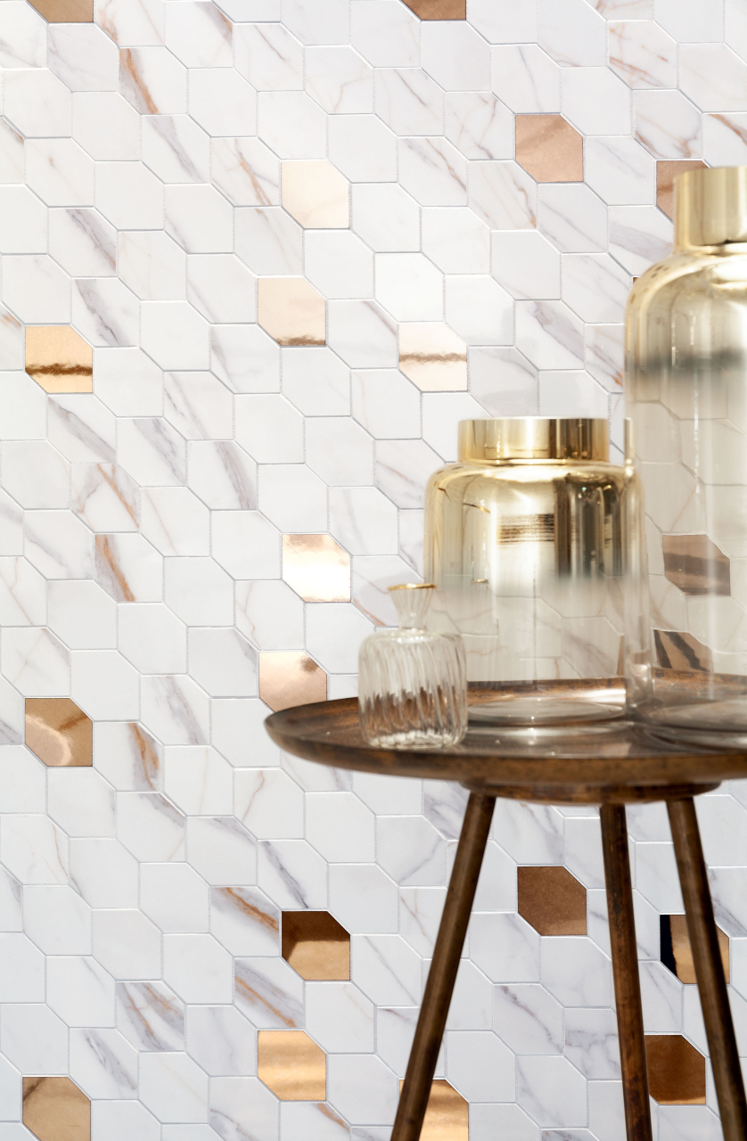 Mozaic tip marmura Dorado Stone 29.8x29.8, alb/auriu roz, finisaj mat [2]