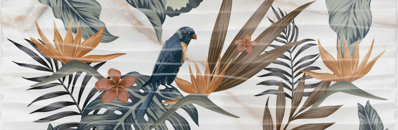 Piesa decorativa rectificata tip tapet tropical, Goldie Birts Onda White 3279, 73.2x74.4 cm, alb, verde, finisaj lucios, 3 placi/set [2]