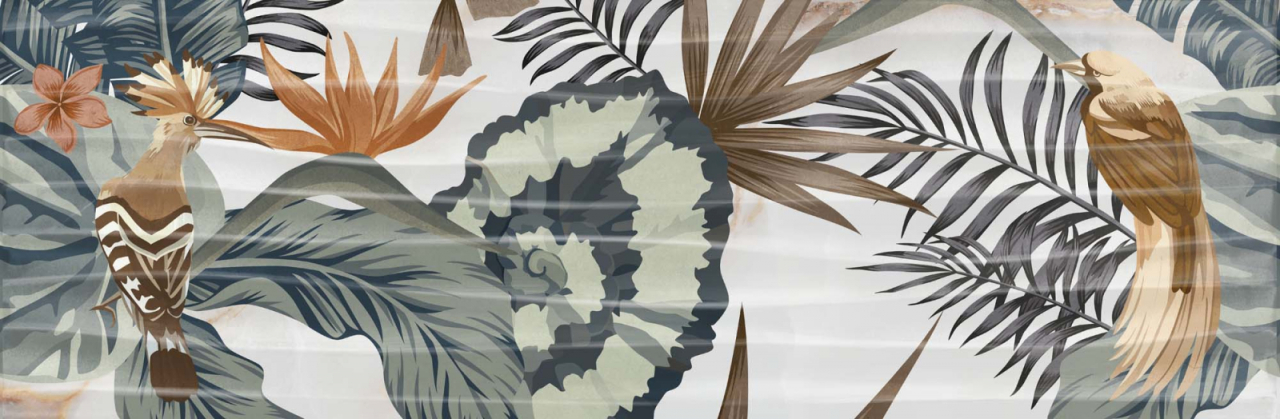 Piesa decorativa rectificata tip tapet tropical, Goldie Birts Onda White 3279, 73.2x74.4 cm, alb, verde, finisaj lucios, 3 placi/set [4]