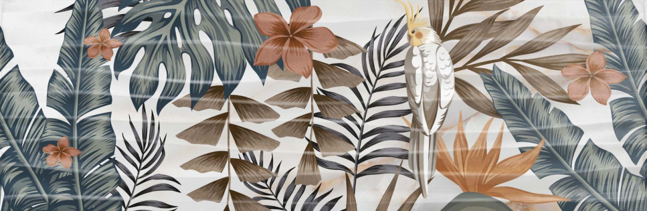 Piesa decorativa rectificata tip tapet tropical, Goldie Birts Onda White 3279, 73.2x74.4 cm, alb, verde, finisaj lucios, 3 placi/set [3]