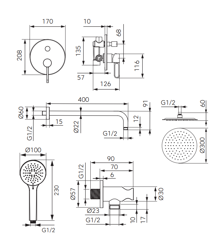 Sistem dus incastrat 6 in 1, ZAFFIRO, FD1-ZFR-7PSET1-22, negru [2]