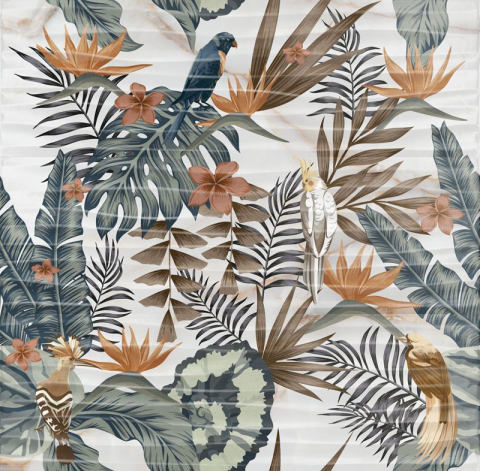 Piese decorative - Piesa decorativa rectificata tip tapet tropical, Goldie Birts Onda White 3279, 73.2x74.4 cm, alb, verde, finisaj lucios, 3 placi/set