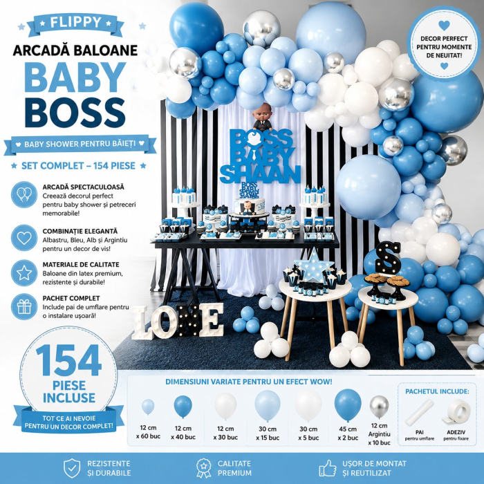 Baloane decorative Arcada, pentru Baieti, BABY SHOWER, Arcada Baby BOSS, Set din 154 baloane, Model Petrecere, Baloane Party, 12 cm, 30 cm, 45 cm, Albastru, Bleu, Alb, Argitiu [2]