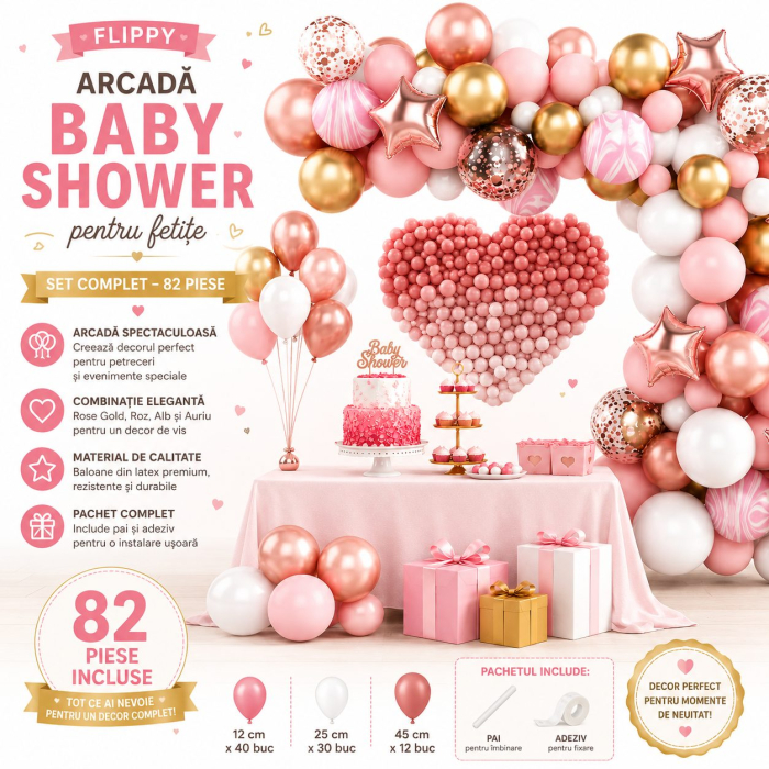 Baloane decorative Arcada, pentru Fetite, BABY SHOWER, Arcada LOVE, decorativa, set mix din 82 baloane Latex, Rose Gold [2]
