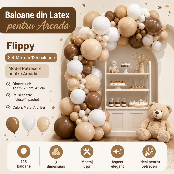 Baloane din Latex pentru Arcada, Set Mix din 125 baloane, Model Petrecere pentru Arcada, Baloane Party, 12 cm, 25 cm, 45 cm, Pai si Adeziv inclus in pachet, Maro, Alb, Bej [2]