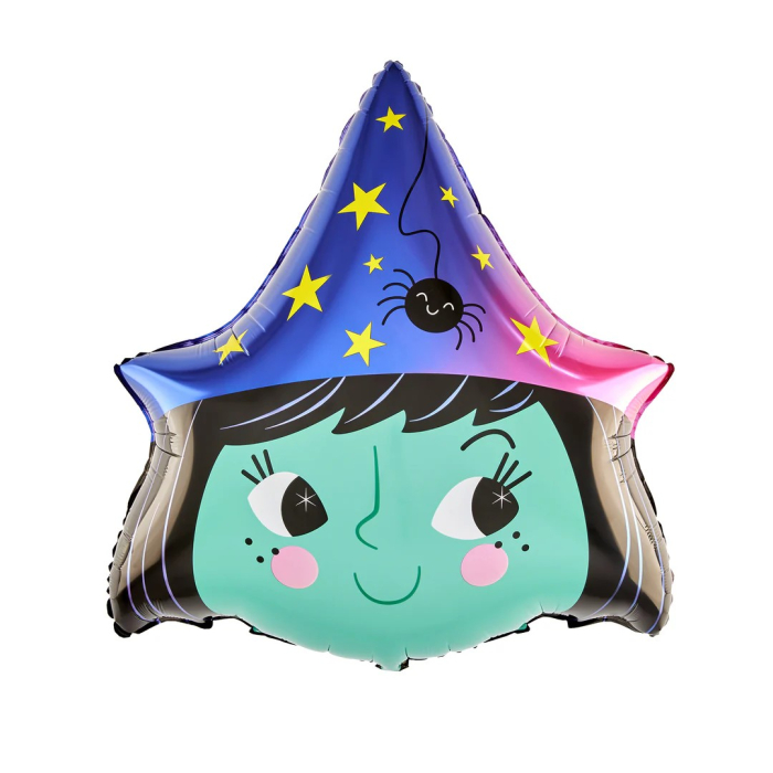 Baloane Halloween, set din 5 Baloane, 1 Little Witch Halloween, 2 stele negre, 2 baloane rotunde multicolore, din folie de aluminiu, 30- 40 cm, pai de carton inclus, Multicolor [2]
