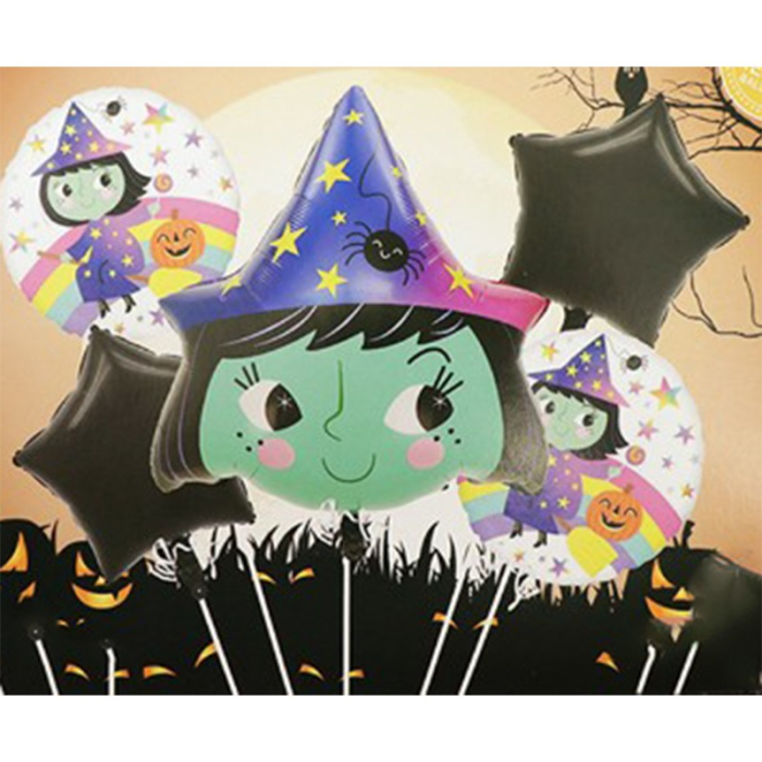 Baloane Halloween, set din 5 Baloane, 1 Little Witch Halloween, 2 stele negre, 2 baloane rotunde multicolore, din folie de aluminiu, 30- 40 cm, pai de carton inclus, Multicolor [3]