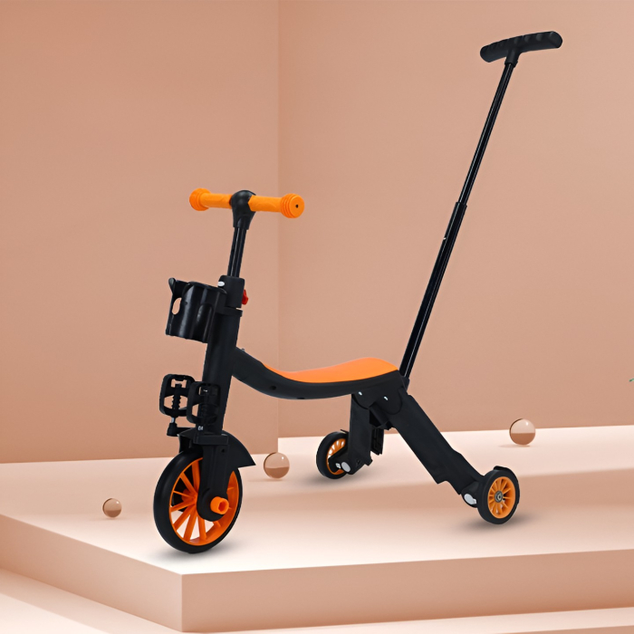 Bicicleta 8 in 1, Transformabila, Multifunctionala, Reglare Inaltime, cu Maner de Impingere Detasabil, Tricicleta, Trotineta, 3 Roti, Pedale, Cosulet, 3-6 Ani, Portocaliu [9]