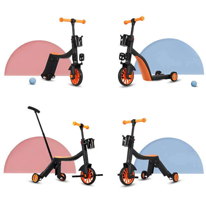 Bicicleta 8 in 1, Transformabila, Multifunctionala, Reglare Inaltime, cu Maner de Impingere Detasabil, Tricicleta, Trotineta, 3 Roti, Pedale, Cosulet, 3-6 Ani, Portocaliu [7]