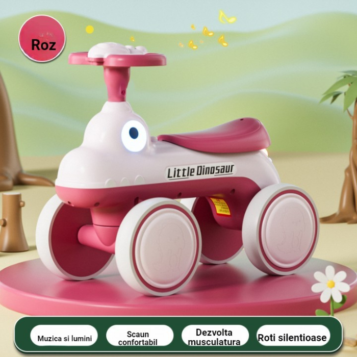 Bicicleta Pentru Copii, Fara Pedale, Cu Patru Roti, Din Plastic Rezistent, Fara BPA, Cu Muzica Si Lumini, Model Dinozaur, 50x27x40 Cm, Roz [2]