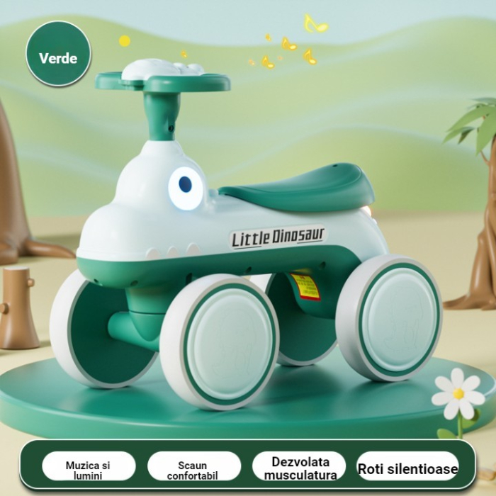 Bicicleta Pentru Copii, Fara Pedale, Cu Patru Roti, Din Plastic Rezistent, Fara BPA, Cu Muzica Si Lumini, Model Dinozaur, 50x27x40 Cm, Verde [2]