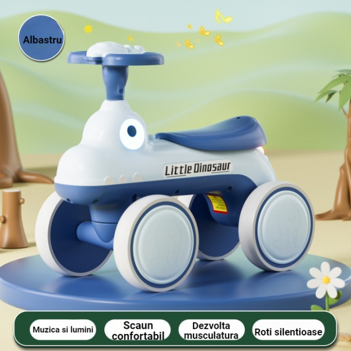 Bicicleta Pentru Copii, Fara Pedale, Cu Patru Roti, Din Plastic Rezistent, Fara BPA, Cu Muzica Si Lumini, Model Dinozaur, 50x27x40 Cm, Albastru [2]