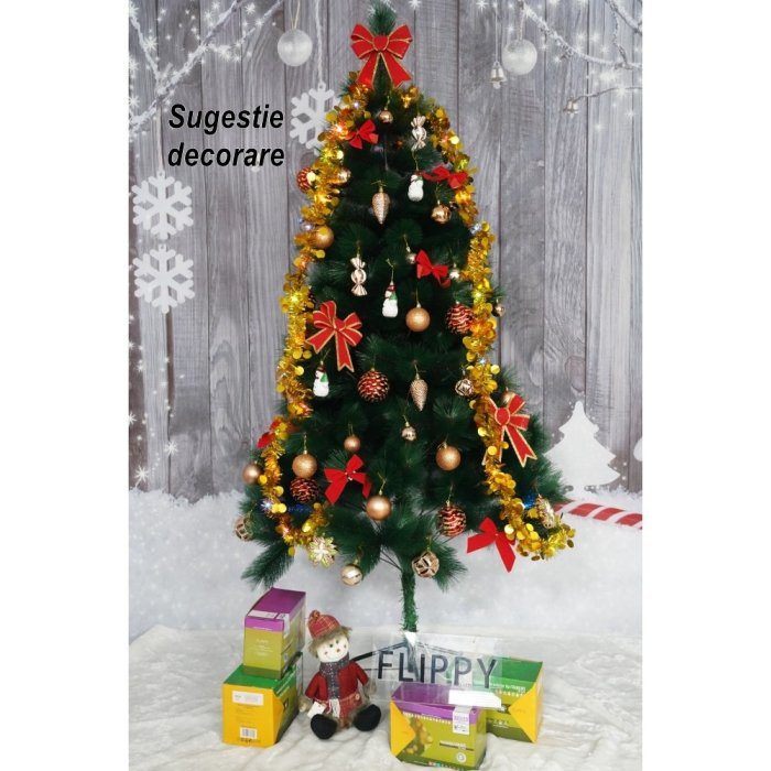 Brad artificial de Craciun tip pin, clasic, pentru interior/exterior, inaltime 90 cm, verde, suport de plastic inclus [3]