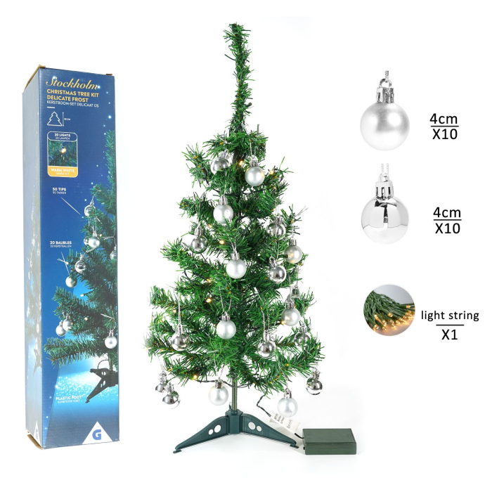 Brad Artificial Impodobit, 60 cm, suport plastic cu instalatie luminoasa 20 LED alb cald + 20 globuri argintii incluse [3]