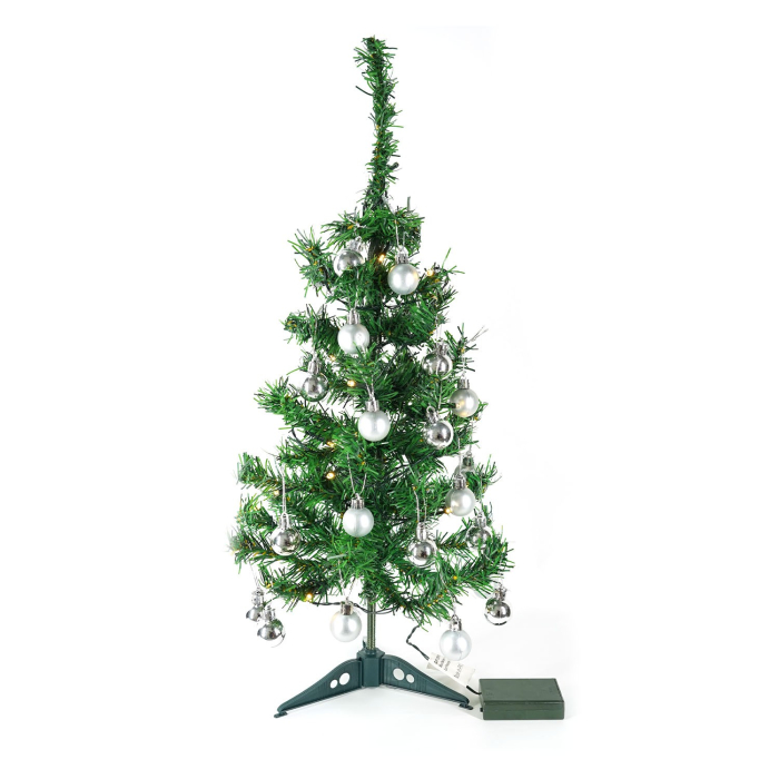Brad Artificial Impodobit, 60 cm, suport plastic cu instalatie luminoasa 20 LED alb cald + 20 globuri argintii incluse [4]