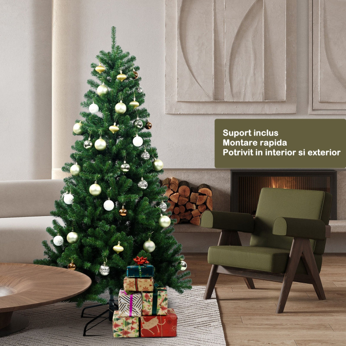 Brad de Craciun artificial cu suport inclus, 155 cm, 600 ramuri/varfuri, material plastic, suport clasic, fara iluminare, utilizat pentru interior/exterior, verde [5]