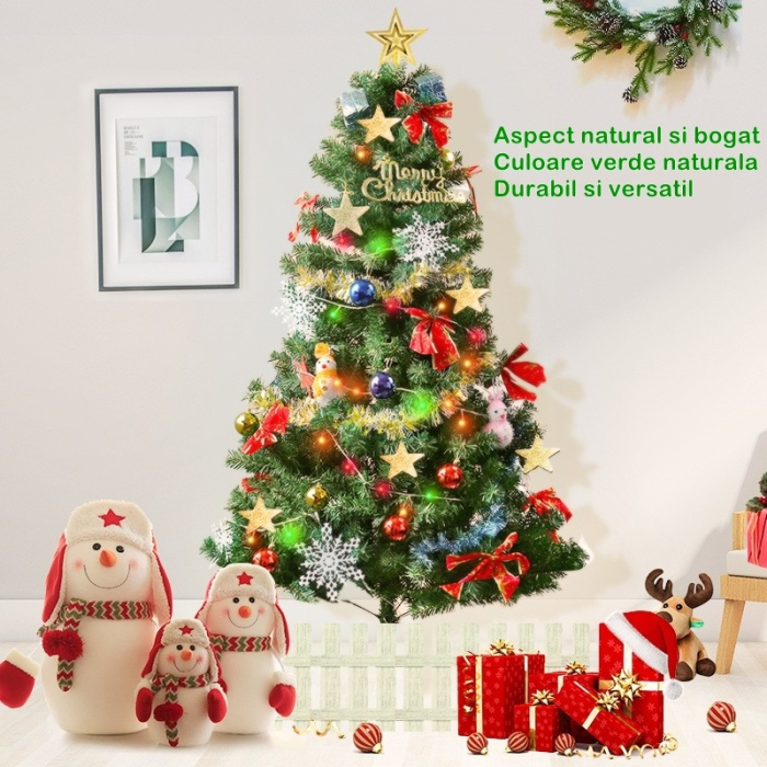 Brad de Craciun artificial cu suport inclus, 155 cm, 600 ramuri/varfuri, material plastic, suport clasic, fara iluminare, utilizat pentru interior/exterior, verde [4]