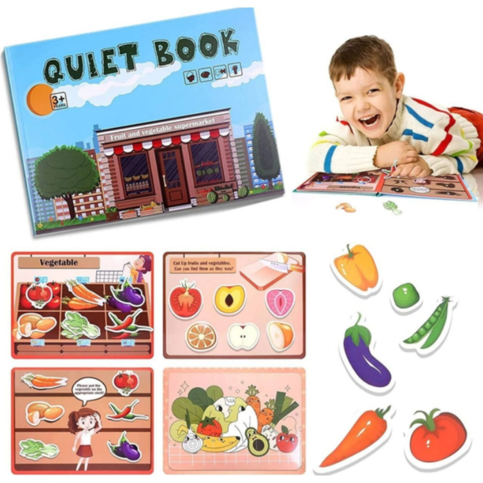 Carte Educativa cu Stickere Reutilizabile, Quiet Book Senzoriala cu Pagini Interactive, Joc Montessori, Seria ''Fructe si Legume'', Dezvolta Motricitatea Fina si Logica, pentru Invatare Timpurie [4]