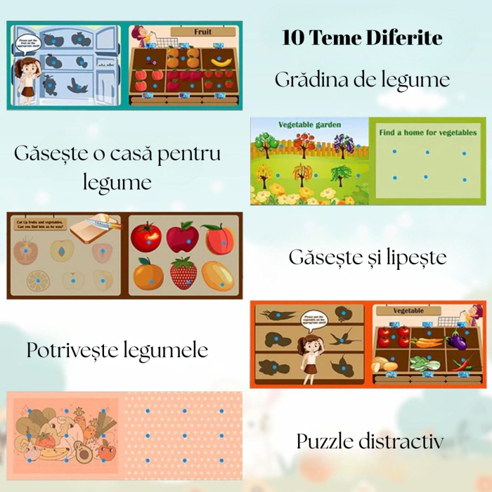 Carte Educativa cu Stickere Reutilizabile, Quiet Book Senzoriala cu Pagini Interactive, Joc Montessori, Seria ''Fructe si Legume'', Dezvolta Motricitatea Fina si Logica, pentru Invatare Timpurie [3]