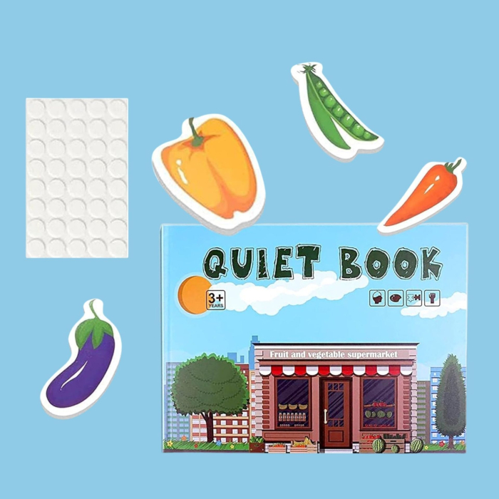 Carte Educativa cu Stickere Reutilizabile, Quiet Book Senzoriala cu Pagini Interactive, Joc Montessori, Seria ''Fructe si Legume'', Dezvolta Motricitatea Fina si Logica, pentru Invatare Timpurie [2]