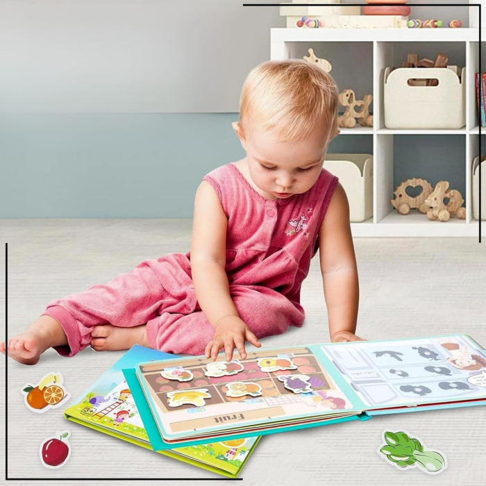 Carte Educativa cu Stickere Reutilizabile, Quiet Book Senzoriala cu Pagini Interactive, Joc Montessori, Seria ''Fructe si Legume'', Dezvolta Motricitatea Fina si Logica, pentru Invatare Timpurie [5]