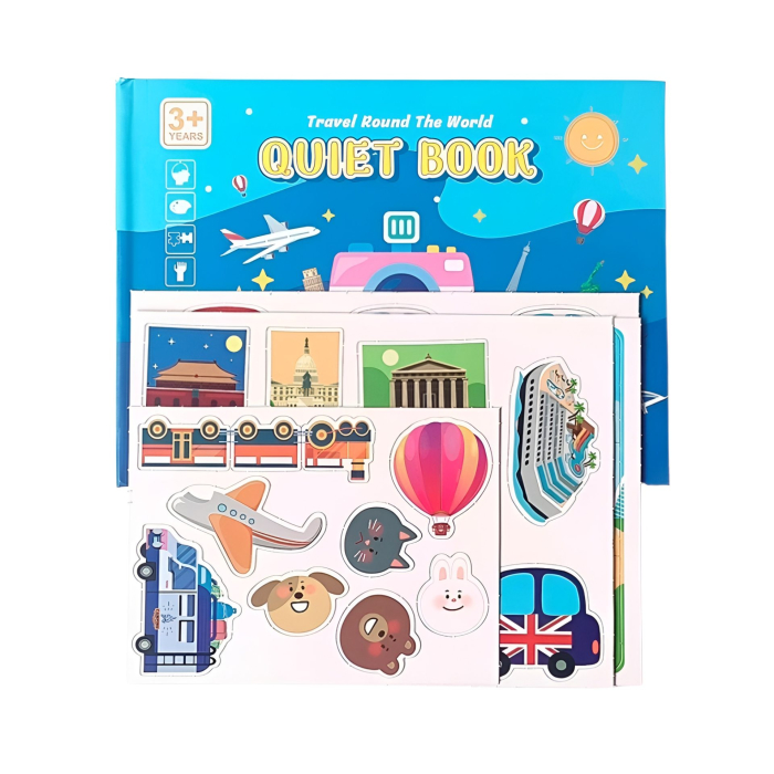 Carte Educativa cu Stickere Reutilizabile, Quiet Book Senzoriala cu Pagini Interactive, Joc Montessori, Seria ''In Jurul Lumii', Puzzle, Dezvolta Motricitatea Fina si Logica [4]