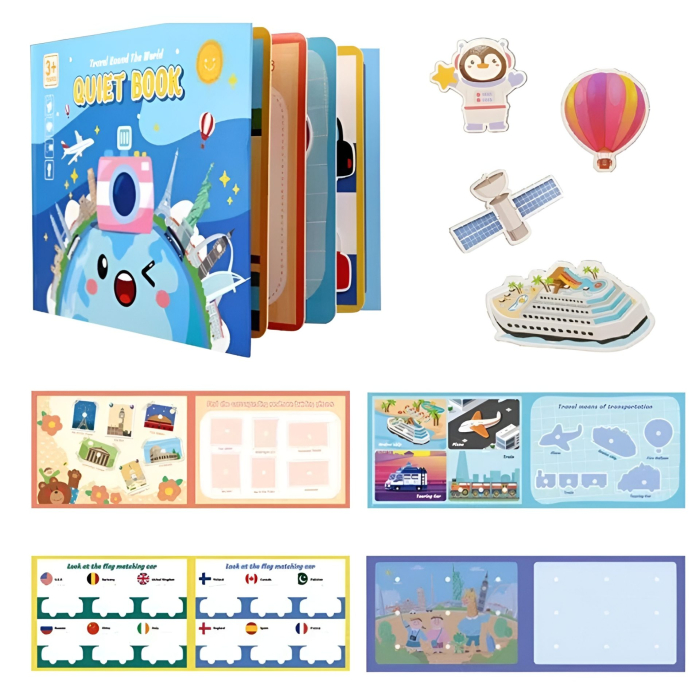 Carte Educativa cu Stickere Reutilizabile, Quiet Book Senzoriala cu Pagini Interactive, Joc Montessori, Seria ''In Jurul Lumii', Puzzle, Dezvolta Motricitatea Fina si Logica [2]