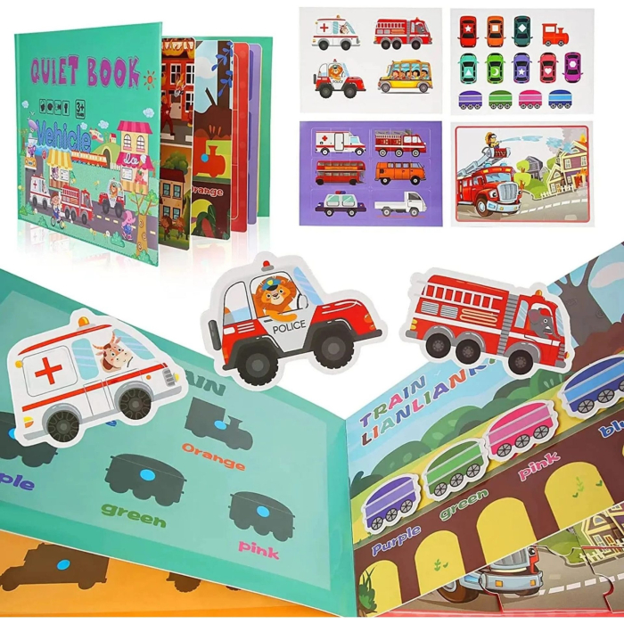 Carte Educativa cu Stickere Reutilizabile, Quiet Book Senzoriala cu Pagini Interactive, Joc Montessori, Seria ''Vehicule si Masini'', Puzzle, Dezvolta Motricitatea Fina si Logica [2]