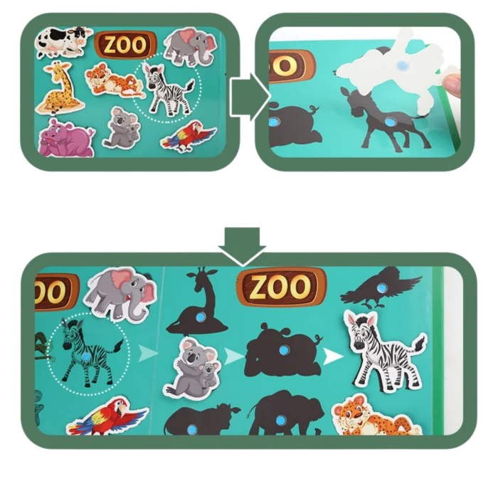 Carte Educativa cu Stickere Reutilizabile, Quiet Book Senzoriala cu Pagini Interactive, Puzzle, Joc Montessori, Seria ''Lumea Animalelor'', Dezvolta Motricitatea Fina si Logica [6]