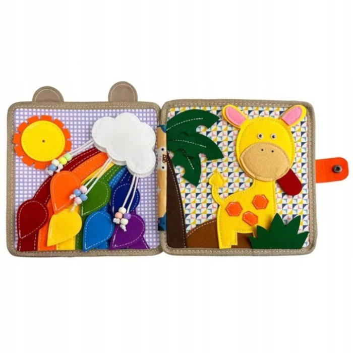 Carte Senzoriala Educativa Montessori 7in1, Dezvoltare Abilitati Motorii, 8 Pagini, 3D, cu Elemente Detasabile, Model Girafa, 21x21x8 cm, Maro [4]