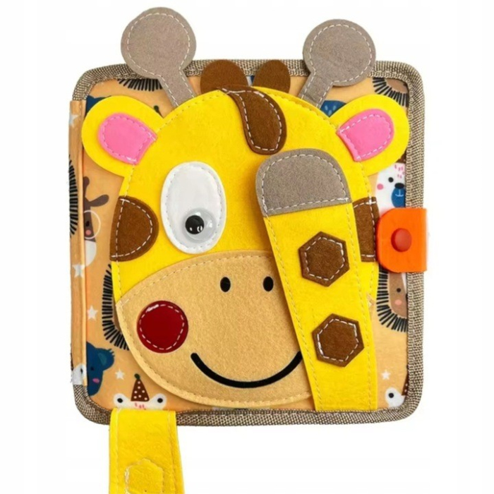 Carte Senzoriala Educativa Montessori 7in1, Dezvoltare Abilitati Motorii, 8 Pagini, 3D, cu Elemente Detasabile, Model Girafa, 21x21x8 cm, Maro [3]