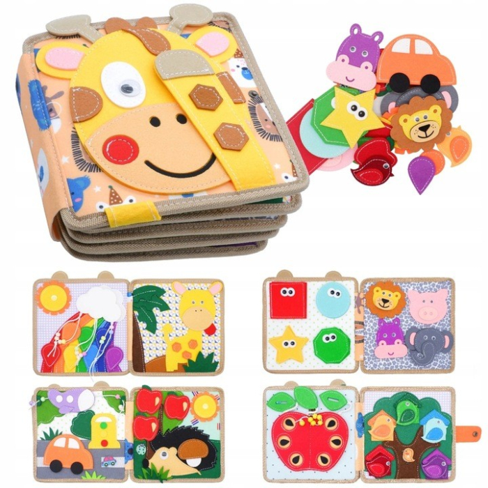 Carte Senzoriala Educativa Montessori 7in1, Dezvoltare Abilitati Motorii, 8 Pagini, 3D, cu Elemente Detasabile, Model Girafa, 21x21x8 cm, Maro [7]