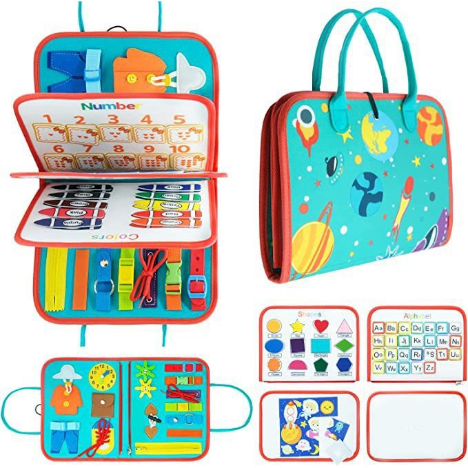Carte Senzoriala Educativa Montessori, cu Activitati, Dezvoltare Abilitati Motorii, 4 Pagini, Model Spatiu Cosmic, 28x22x7 cm, Albastru [9]