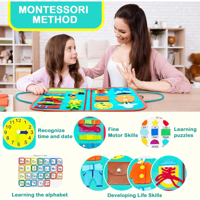 Carte Senzoriala Educativa Montessori, cu Activitati, Dezvoltare Abilitati Motorii, 4 Pagini, Model Spatiu Cosmic, 28x22x7 cm, Albastru [3]
