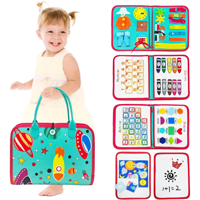 Carte Senzoriala Educativa Montessori, cu Activitati, Dezvoltare Abilitati Motorii, 4 Pagini, Model Spatiu Cosmic, 28x22x7 cm, Albastru [7]