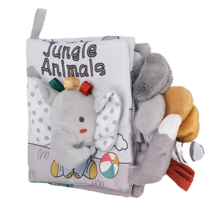 Carte Senzoriala, pentru Bebelusi, 15x16x6 cm, cu Animalute, 3D, Cu Sunete si Fosnete, 0-3 Ani, Model Elefantel, Gri [3]