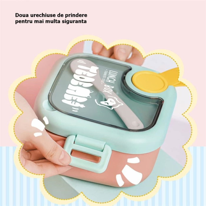 Caserola pentru copii, lunch box, 750 ml, doua boluri, lingura, foarfeca din plastic, rezistenta la scurgeri, Roz [4]