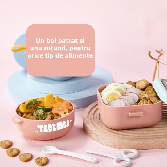 Caserola pentru copii, lunch box, 750 ml, doua boluri, lingura, foarfeca din plastic, rezistenta la scurgeri, Roz [3]