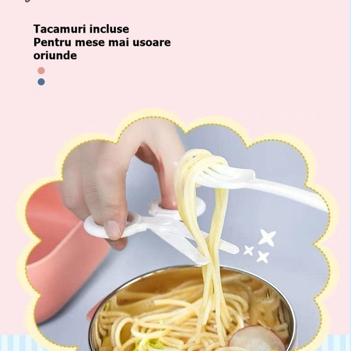 Caserola pentru copii, lunch box, 750 ml, doua boluri, lingura, foarfeca din plastic, rezistenta la scurgeri, Roz [5]