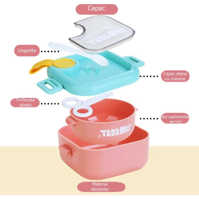 Caserola pentru copii, lunch box, 750 ml, doua boluri, lingura, foarfeca din plastic, rezistenta la scurgeri, Roz [7]