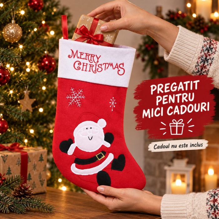Ciorap pentru Cadouri, Model Mos Craciun, Textil, 20x40 cm, Rosu [3]