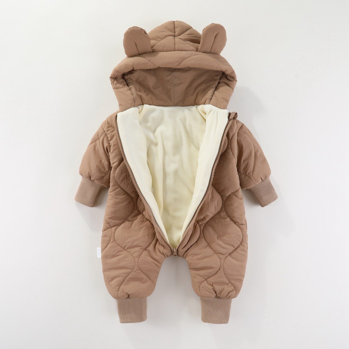Combinezon de Iarna, pentru Bebelusi, din Bumbac, cu Urechi, Mansete Elastice, Unisex, 66 cm, Maro [4]